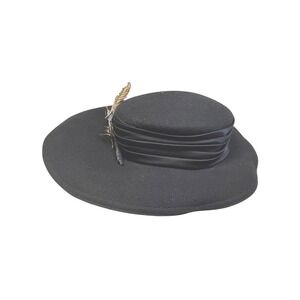 Paul Bensam Custom Designed Black Wool Feather Trim Wide Brim Hat‎